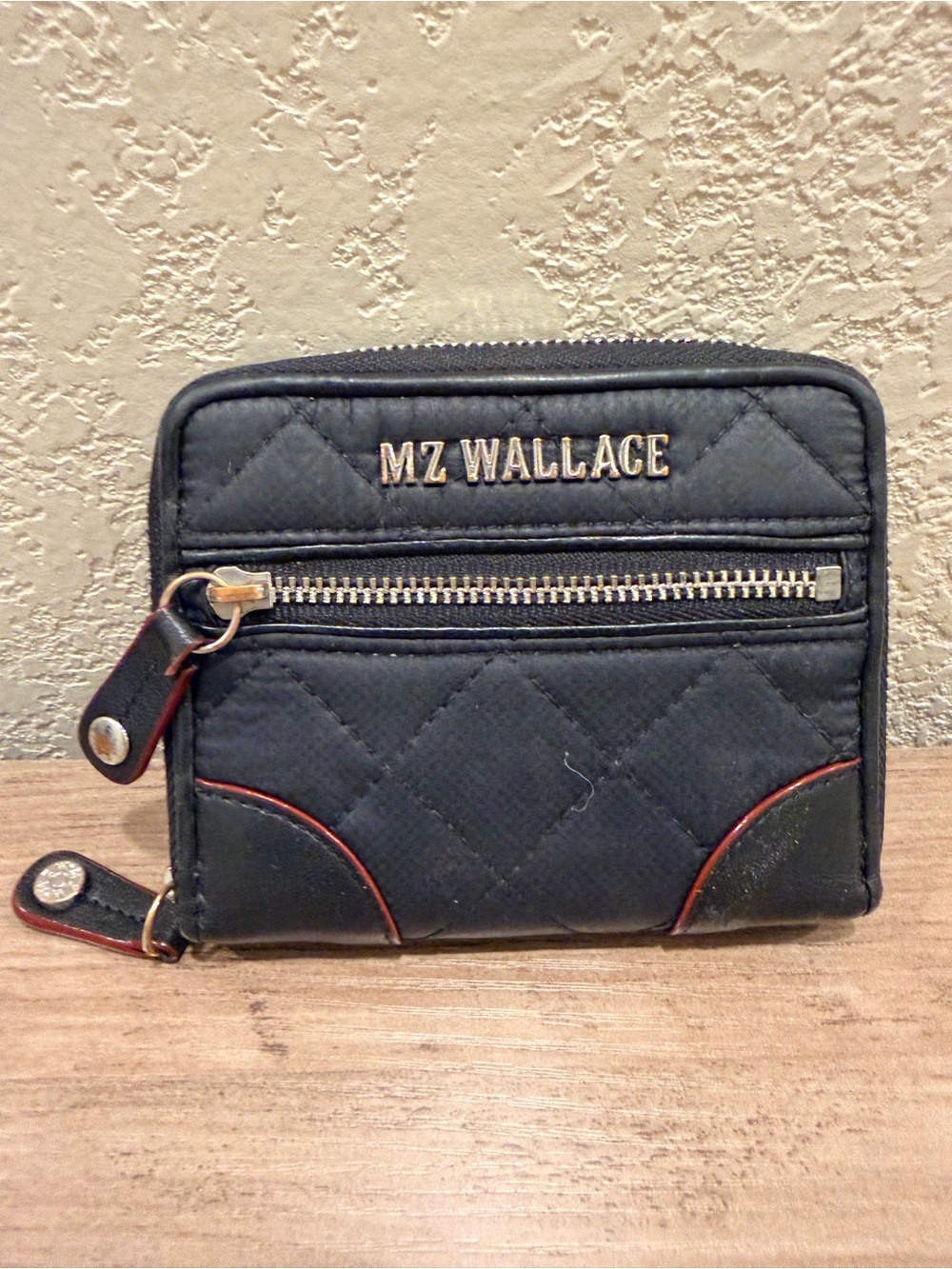 MZ Wallace Black Quilted Zip Wallet with Red Trim